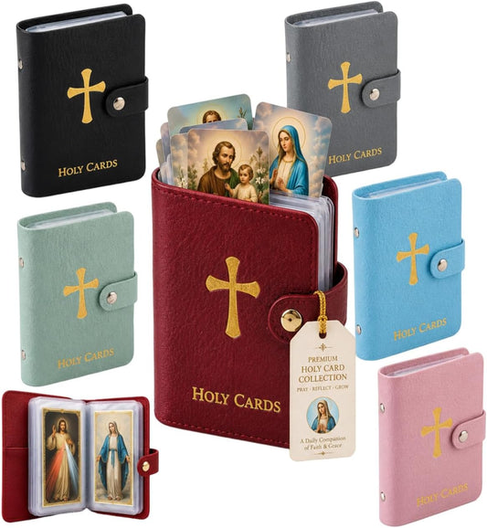 HOT6PCS Prayer Card Holder Holy Book Athletes Catholic Bible Cases for Woman Id Organizer Carrying Rosary Pocket Genuine Faux Leather Men with 50 Sleeves Laminated Saint Album Religious