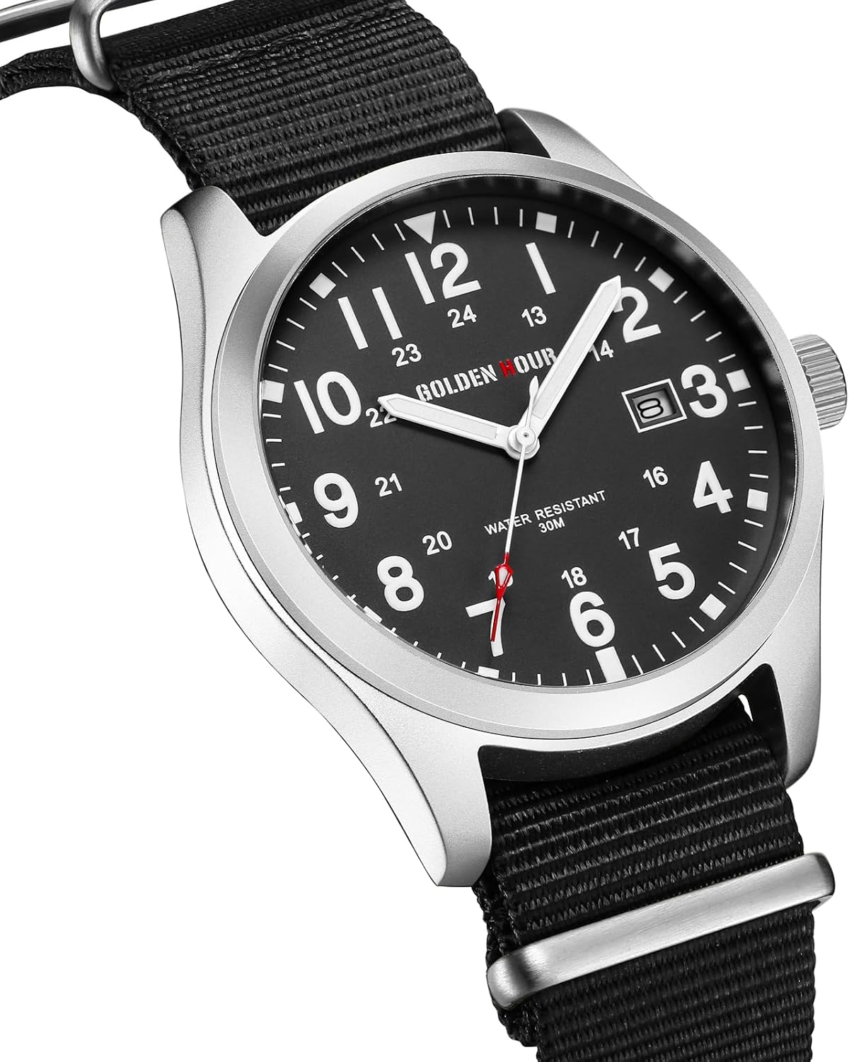 HOTGOLDEN HOUR Men's Nylon Slip-Thru Strap Watch with Military Time Easy Read Dial Glowing Hands