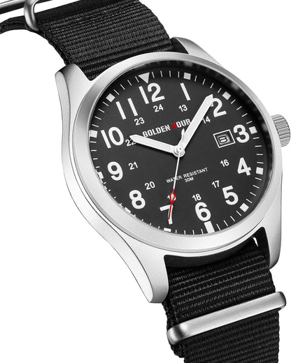 HOTGOLDEN HOUR Men's Nylon Slip-Thru Strap Watch with Military Time Easy Read Dial Glowing Hands