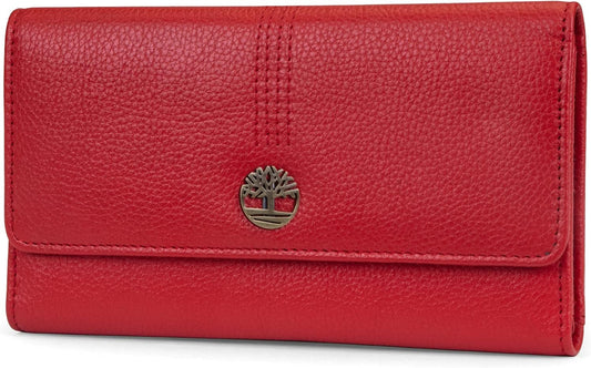 HOTTimberland Leather RFID Flap Wallet Clutch Organizer, Cherry (Pebble)