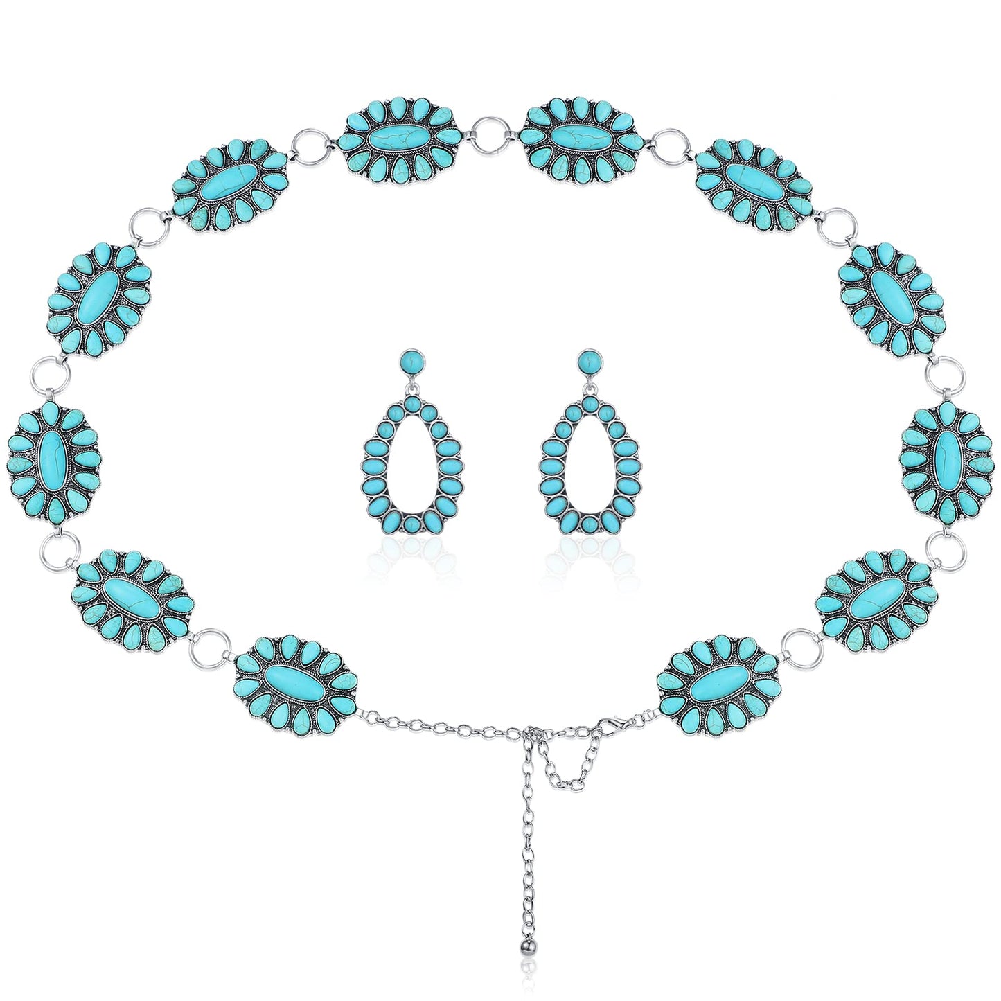 HOTKenning Turquoise Concho Chain Belt Metal Western Waist Belts for Women Boho 1.2 x 2 Inch Turquoise Drop Statement Post Earrings