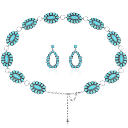 HOTKenning Turquoise Concho Chain Belt Metal Western Waist Belts for Women Boho 1.2 x 2 Inch Turquoise Drop Statement Post Earrings