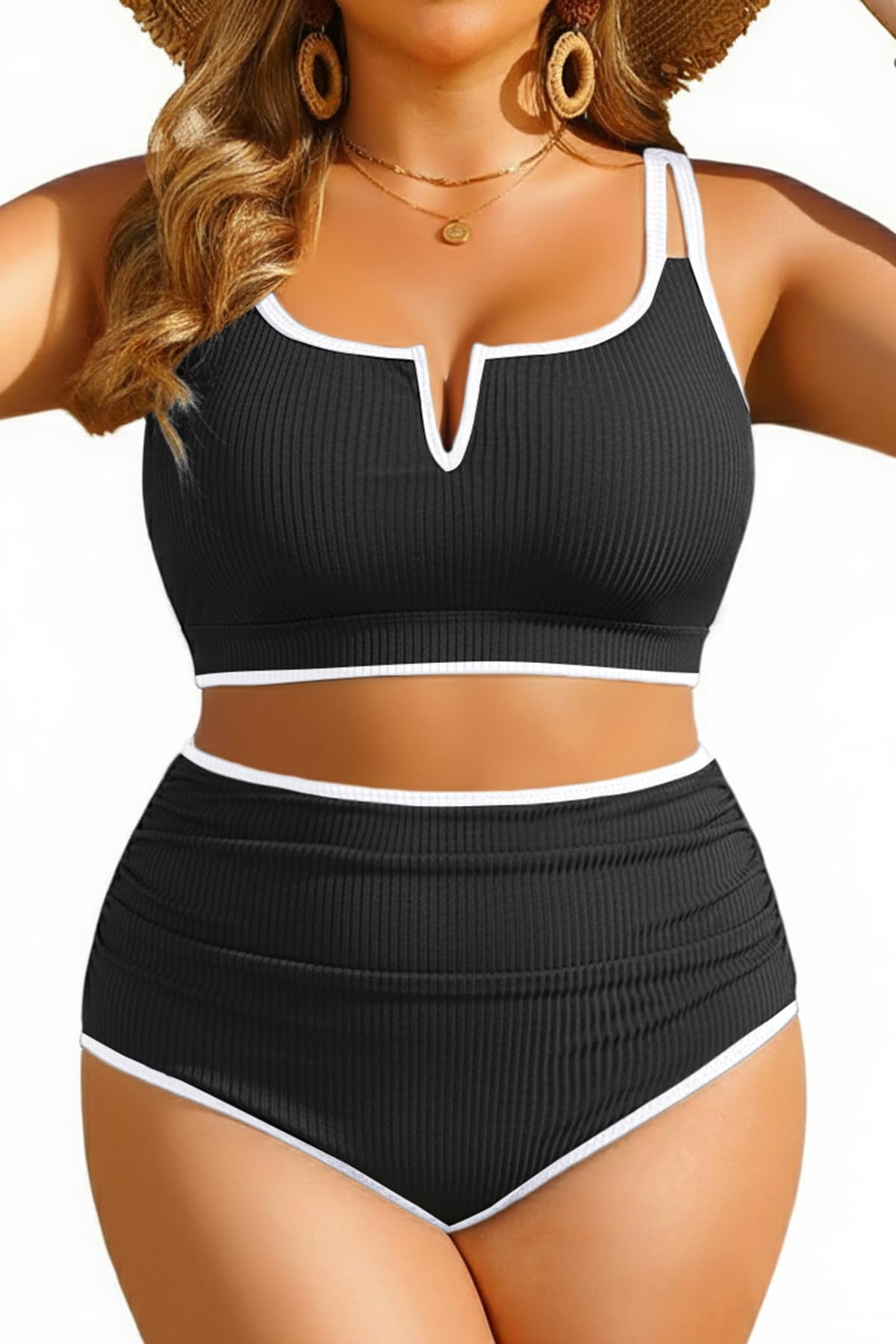 HOTWomen Plus Size High Waisted Bikini Ribbed Two Piece Tummy Control Swimsuit | V-Wired Bathing Suit, Adjustable Straps, Full Coverage, Full Lining