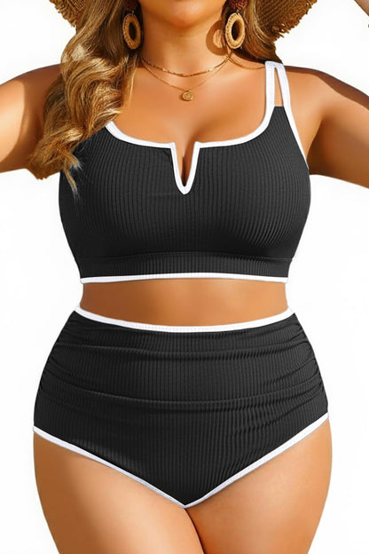 HOTWomen Plus Size High Waisted Bikini Ribbed Two Piece Tummy Control Swimsuit | V-Wired Bathing Suit, Adjustable Straps, Full Coverage, Full Lining