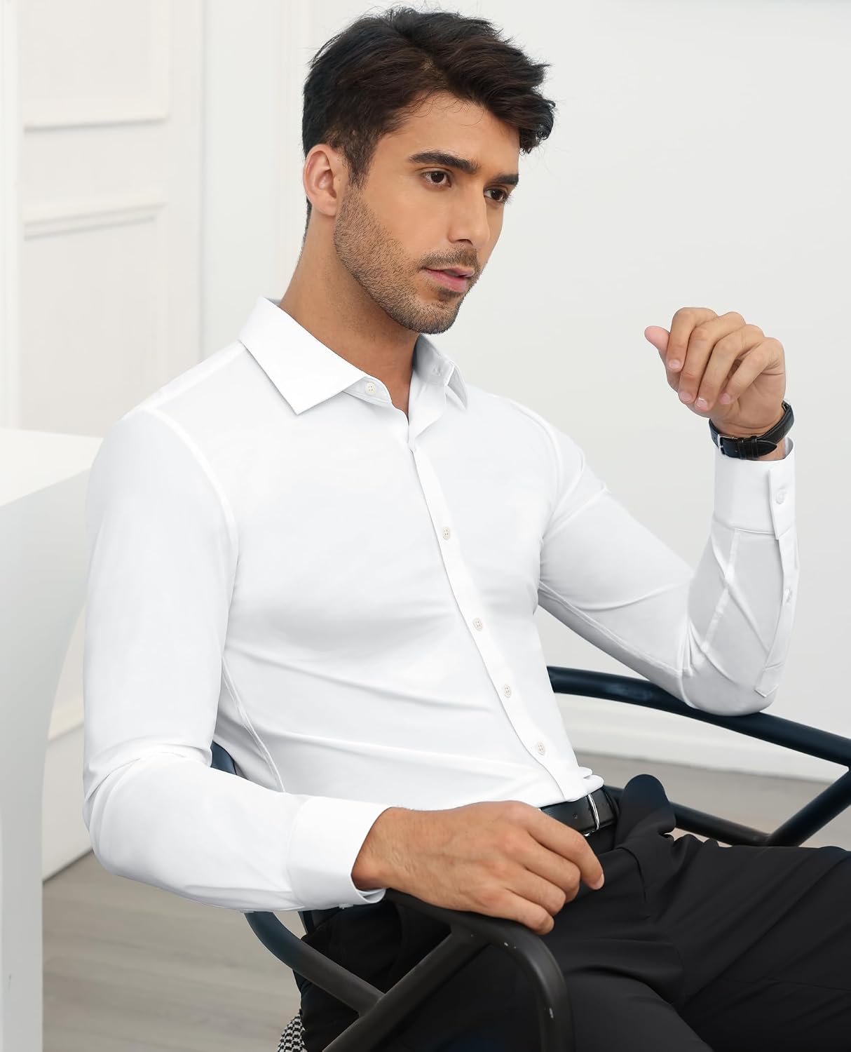 HOTLion Nardo Stretch Mens Dress Shirts Long Sleeve Slim Fit Dress Shirts for Men Muscle Fit Wrinkle Free Button Down Shirt