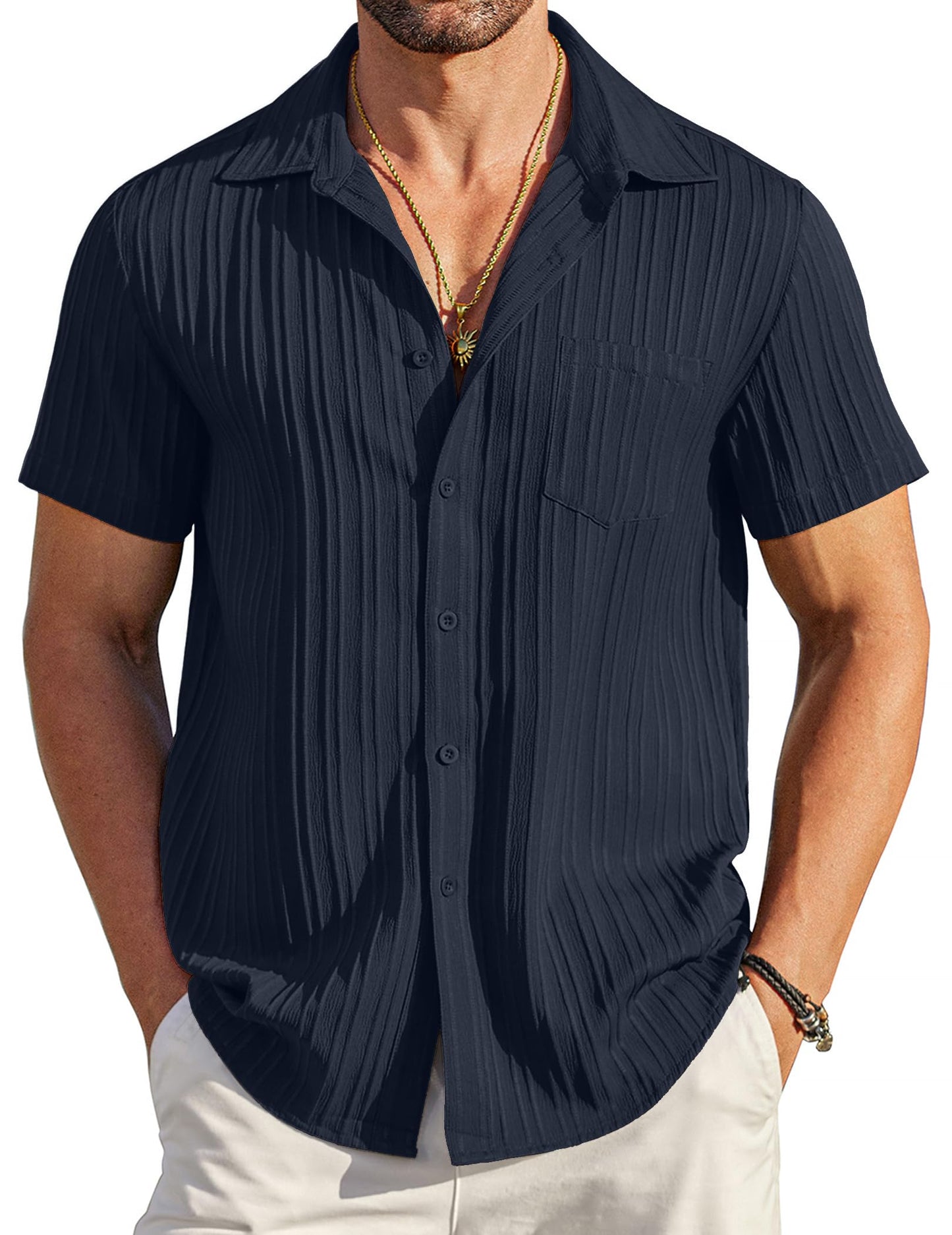 HOTCOOFANDY Men's Casual Button Down Shirts Short Sleeve Textured Summer Beach Shirt with Pocket