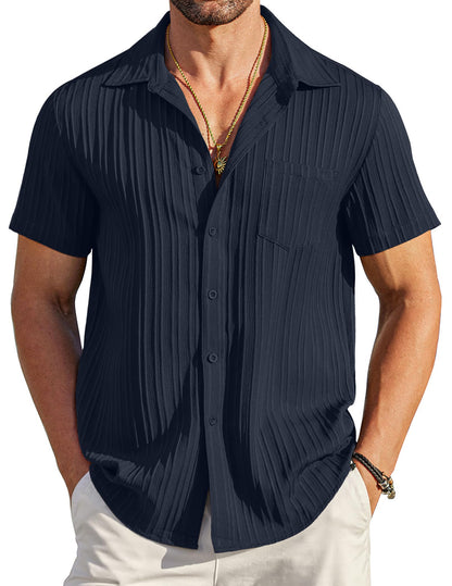 HOTCOOFANDY Men's Casual Button Down Shirts Short Sleeve Textured Summer Beach Shirt with Pocket
