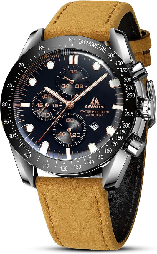 HOTLN LENQIN Mens Watches Leather Watch Analog Quartz Watch for Men Luminous Luxury Fashion Business Casual 30M Waterproof Men's Wrist Watches with Date