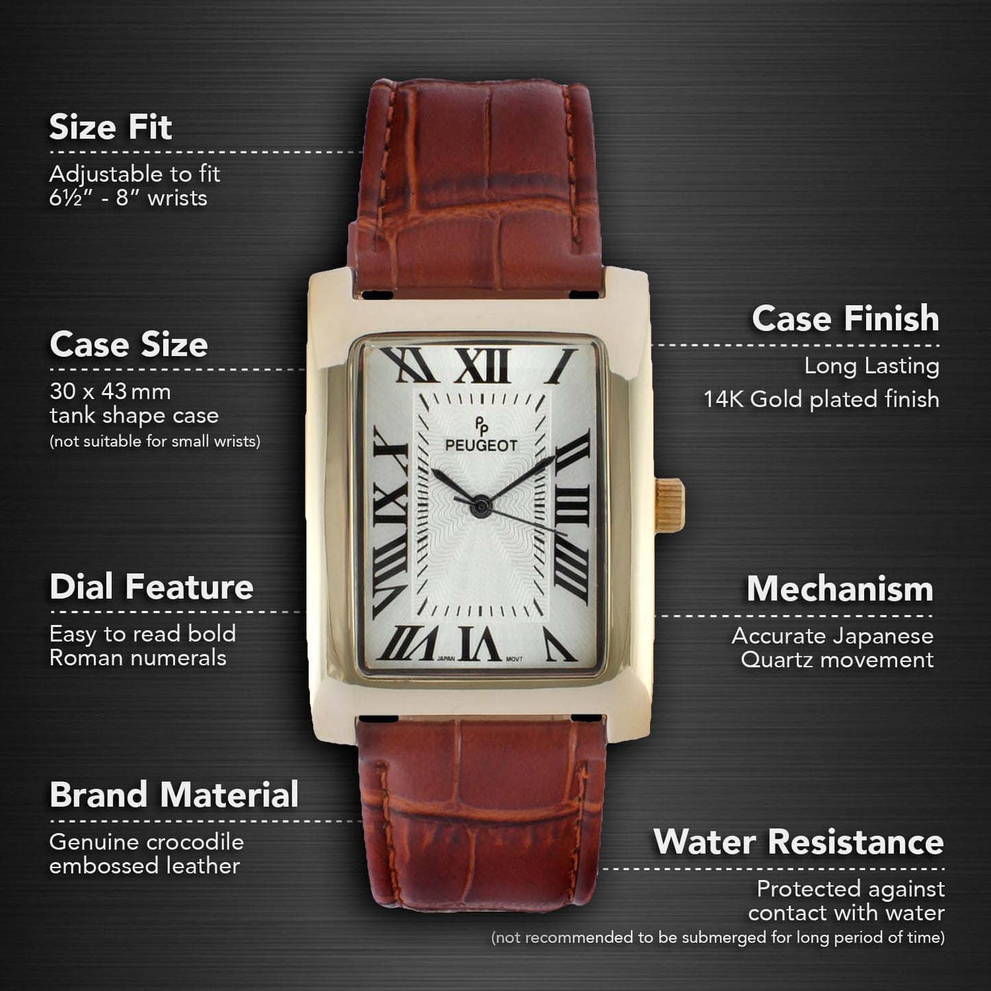 HOTPeugeot Men's Vintage Tank 14K Gold Plated Roman Numeral Leather Watch
