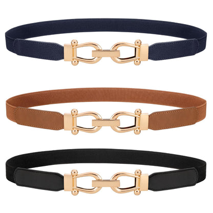 HOTWERFORU 3 Pack Women Skinny Elastic Waist Belt Gold Buckle Stretchy Thin Belt for Jeans Dress