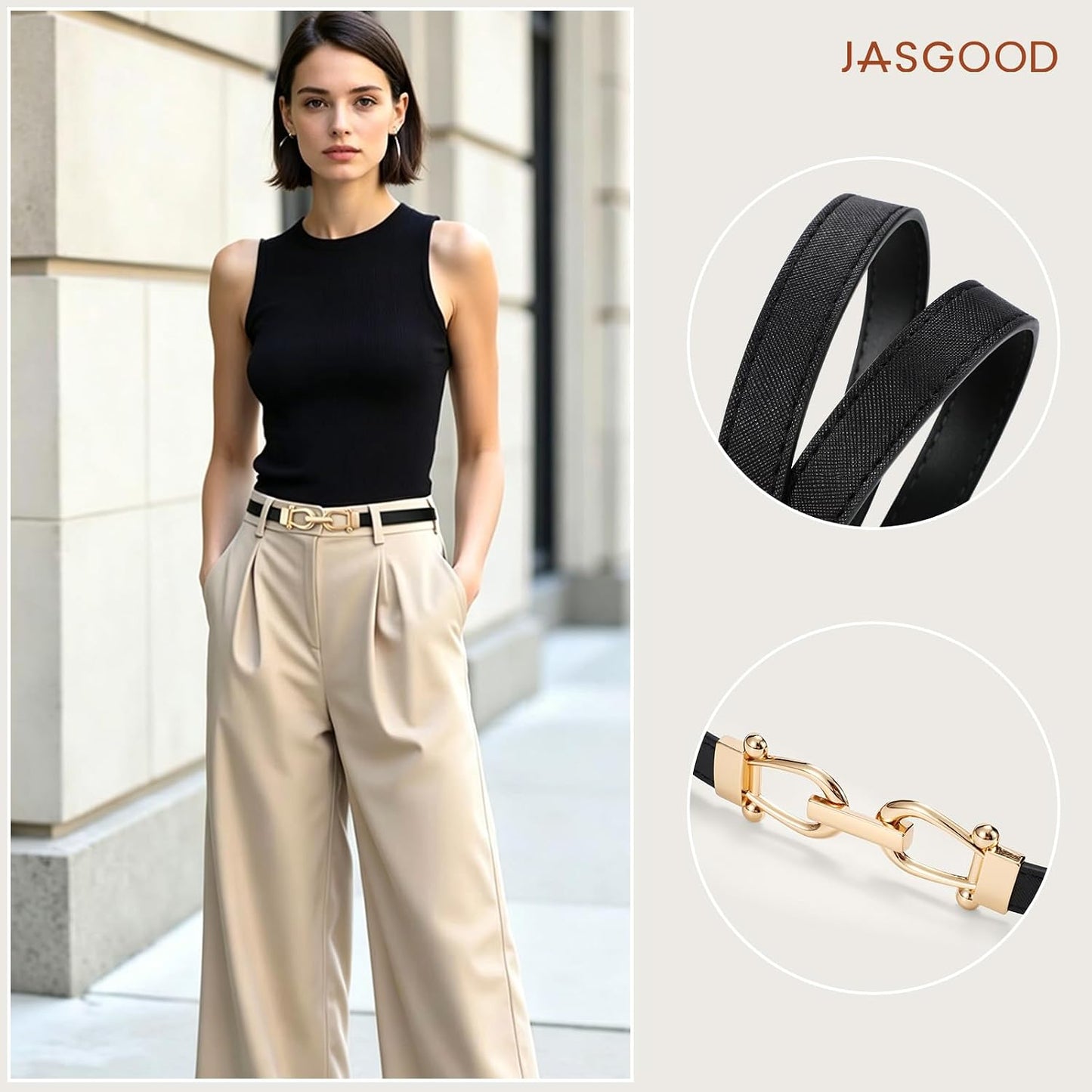 HOTJASGOOD 2 Pack Thin Belts for Women Fashion Skinny Leather Waist Belts for Jeans Pants Dresses with Gold Buckle