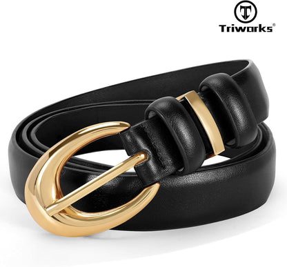 HOTTRIWORKS Women Leather Belt for Jeans Pants Fashion Ladies Skinny Faux Leather Dress belt with Gold Buckle