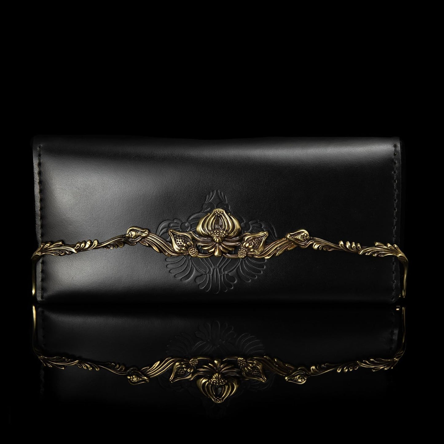 HOTElegant womens leather wallet with brass flower decorative clasp, bifold ladies clutch