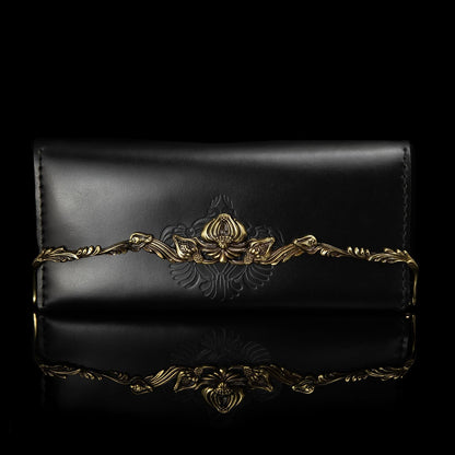 HOTElegant womens leather wallet with brass flower decorative clasp, bifold ladies clutch