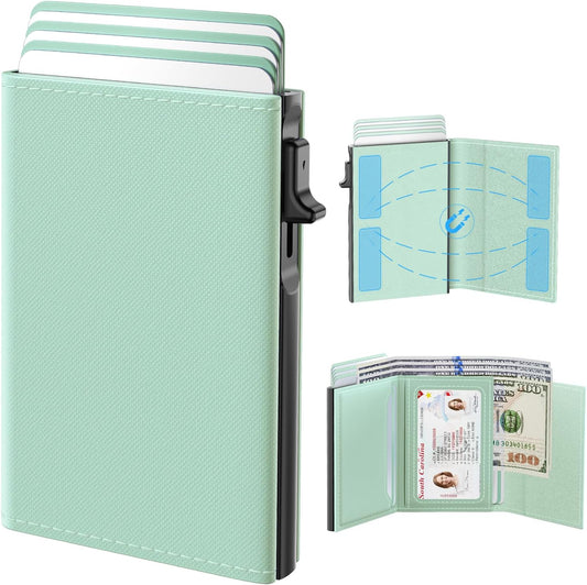HOTtypecase Womens Wallet Card Holder: Pop Up Card Case, Genuine Leather, RFID Blocking, Slim, Minimalist, Thin, Small Size - 9-14 Card Capacity, ID Window, Cash Pocket (Sage Green)