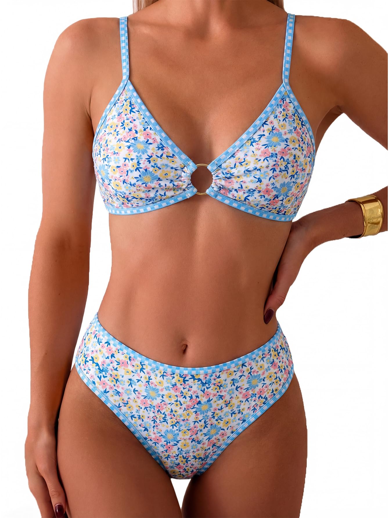 HOTTainehs Women's Two Piece Bikini Sets O Ring Front Top Ditsy Floral Triangle Swimsuits Cheeky Bathing Suit