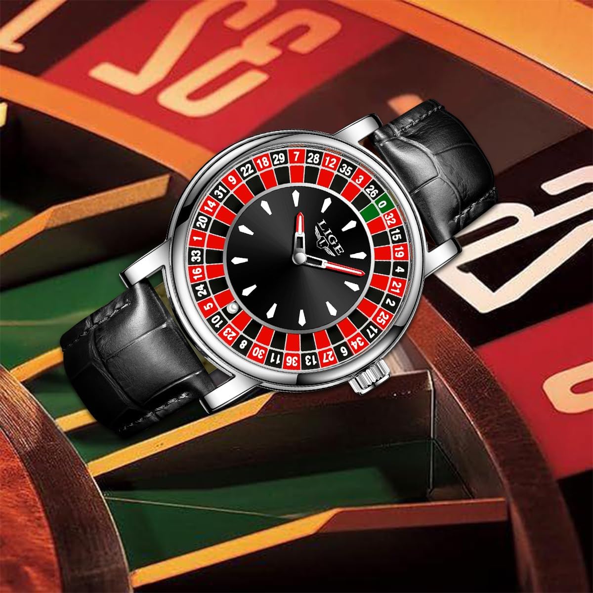 HOTMens Watches,Unique Roulette Style Quartz Analog Watch,45MM Big Face Alloy Waterproof Glowing Watch for Men,Exquisite and Durable Leather Strap,Casual Fashionable Men's Wrist Watches