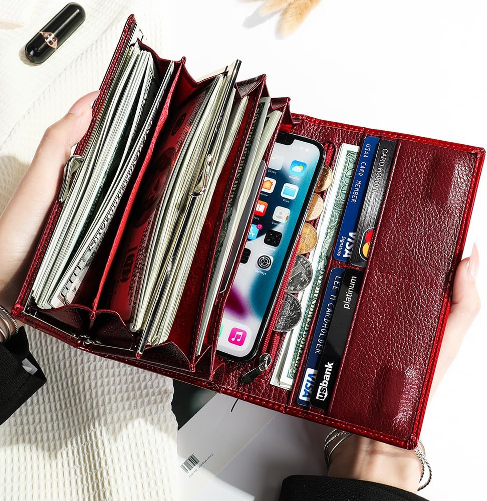 HOTWomen's Long Leather Wallet, Black Burgundy Multi-Color | Credit Card Purse, Trifold, Genuine Leather, Clutch