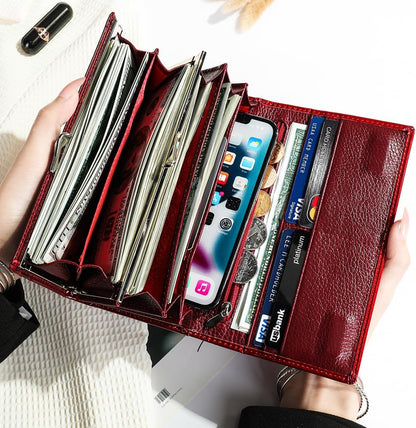 HOTWomen's Long Leather Wallet, Black Burgundy Multi-Color | Credit Card Purse, Trifold, Genuine Leather, Clutch