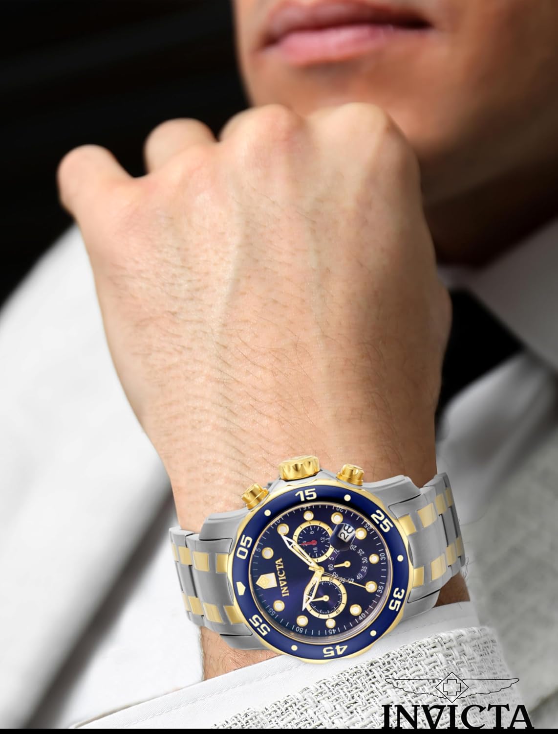 HOTInvicta Men's Pro Diver Scuba 48mm Two Tone Stainless Steel Chronograph Quartz Watch, TT/Blue (Model: 0077)