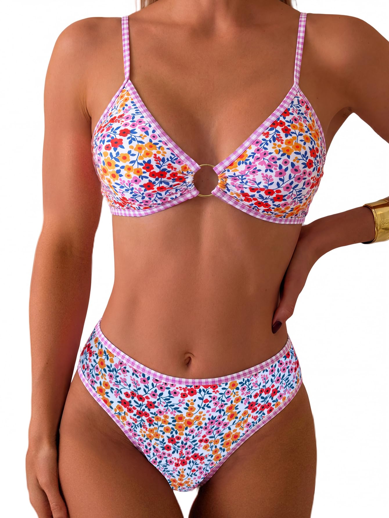 HOTTainehs Women's Two Piece Bikini Sets O Ring Front Top Ditsy Floral Triangle Swimsuits Cheeky Bathing Suit