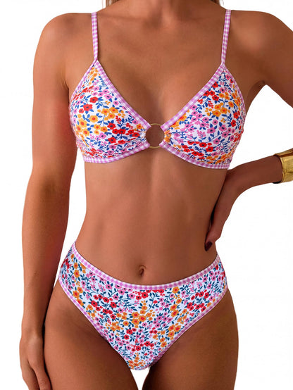 HOTTainehs Women's Two Piece Bikini Sets O Ring Front Top Ditsy Floral Triangle Swimsuits Cheeky Bathing Suit
