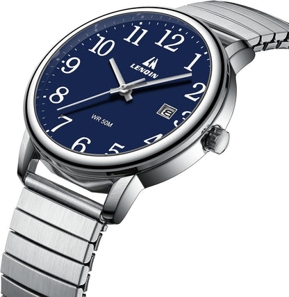HOTLN LENQIN Mens Watches Easy Read Analog Quartz Waterproof Watch for Men | Sport watch with Date and 38mm Stainless Steel Expansion Band,3ATM Daily Waterproof, Minimalist Business Style