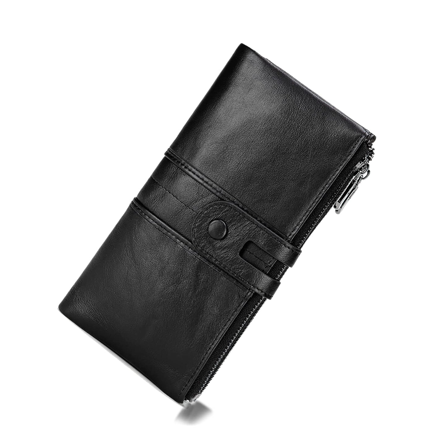 HOTmyfriday Ladies RFID Genuine Leather Wallet, Bifold Long Clutch Card Holder | 12 card slots, photo slot, bill pockets, memory-card slot and back zipper keep cash and cards slimly organized