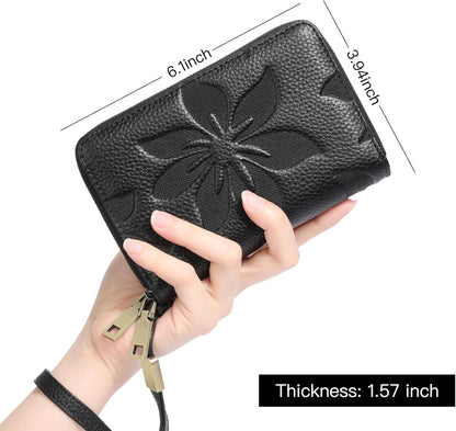 HOTGOIACII Women's Wallet Double Zip Around Credit Card Holder Ladies Wallet Rfid Blocking Wristlet Purse Medium Size Leather Black