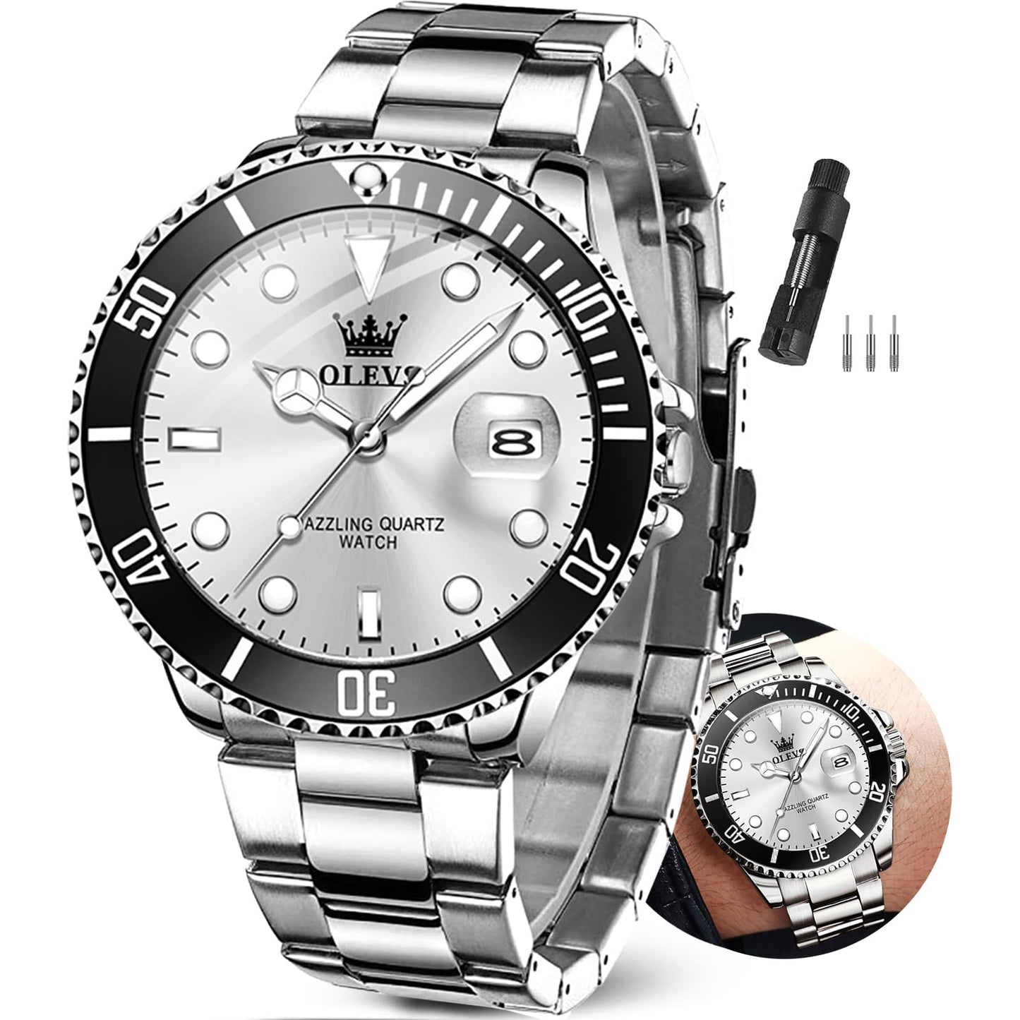 HOTOLEVS Watches Men Waterproof Luxury Big Face Mens Watch Stainless Steel Day Date Quartz Analog Dress Watches for Men Luminous Reloj para Hombres (Green/Blue/Black/Gold)