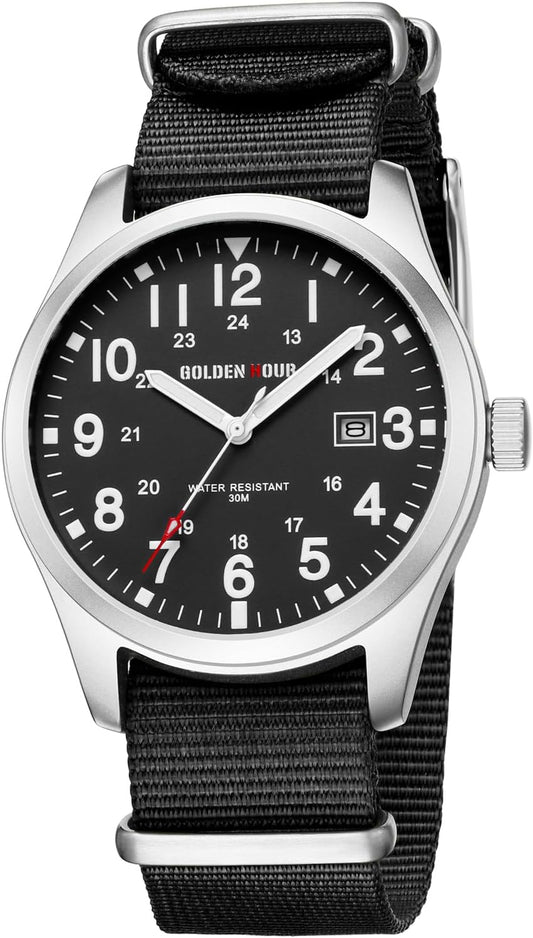 HOTGOLDEN HOUR Men's Nylon Slip-Thru Strap Watch with Military Time Easy Read Dial Glowing Hands