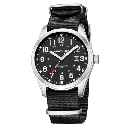 HOTGOLDEN HOUR Men's Nylon Slip-Thru Strap Watch with Military Time Easy Read Dial Glowing Hands
