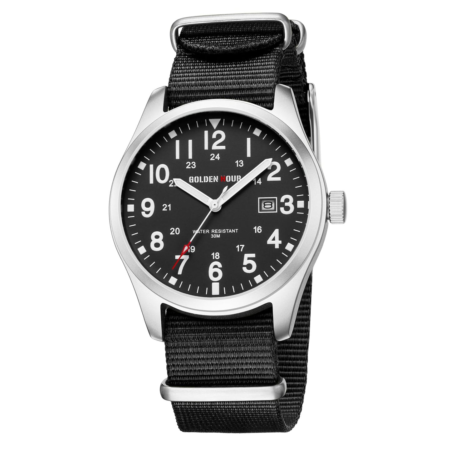 HOTGOLDEN HOUR Men's Nylon Slip-Thru Strap Watch with Military Time Easy Read Dial Glowing Hands