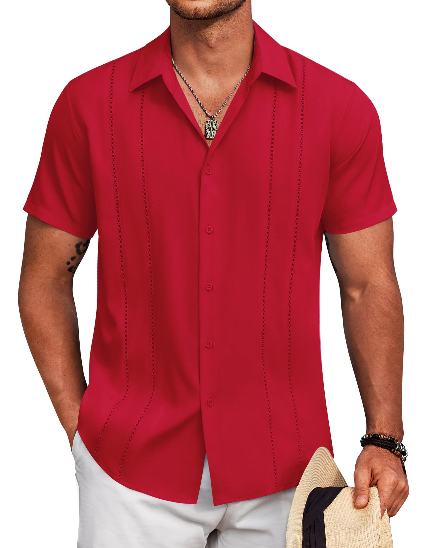 HOTCOOFANDY Mens Cuban Guayabera Shirt Short Sleeve Button Down Shirts Summer Beach Vacation Shirts