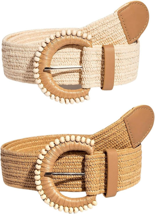 HOTGORGLITTER Women's 2 Pack Woven Belts Raffia Belts Boho Belt Stretchy Dress Belt