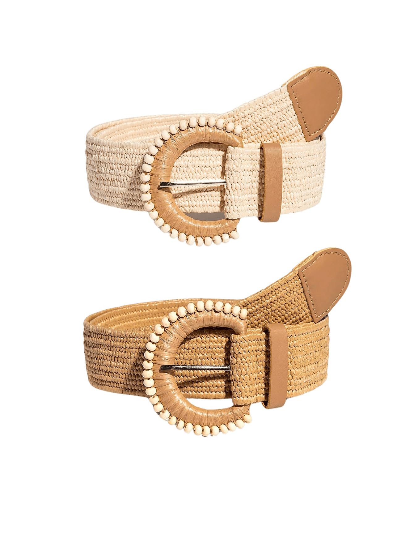 HOTGORGLITTER Women's 2 Pack Woven Belts Raffia Belts Boho Belt Stretchy Dress Belt