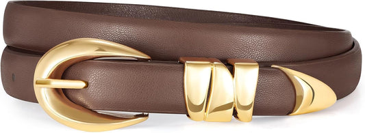 HOTXZQTIVE Women's Skinny Leather Belts Ladies Thin Waist Belts for Jeans Dress Pants Trendy Black Belt with Gold Buckle