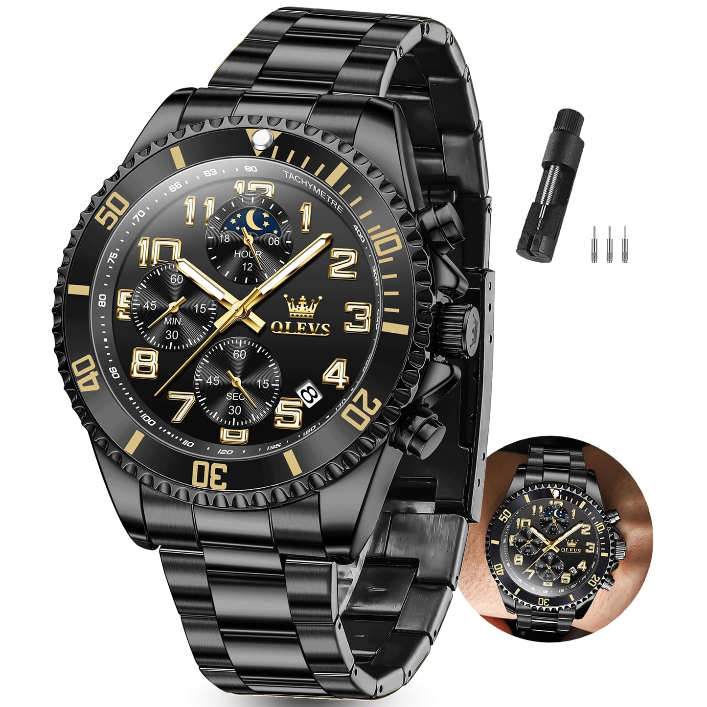 HOTOLEVS Watches Men Waterproof Luxury Big Face Mens Watch Stainless Steel Day Date Quartz Analog Dress Watches for Men Luminous Reloj para Hombres (Green/Blue/Black/Gold)