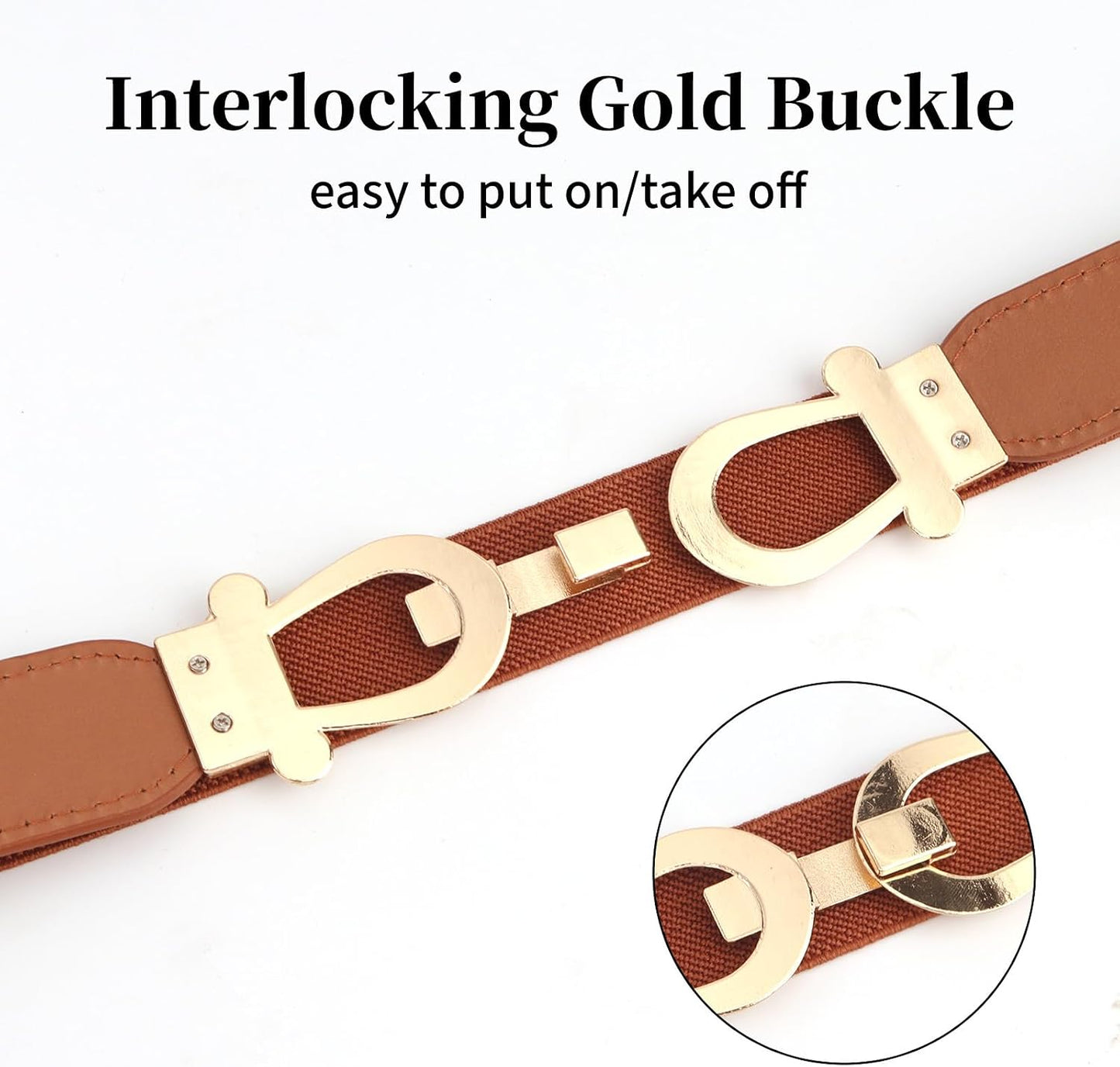 HOTWomen Stretchy Waist Belt, 70cm L Fit 27"-33" Waist 2.5cm W, Retro Elastic Gold Buckle for Ladies Dresses, 2 Pack
