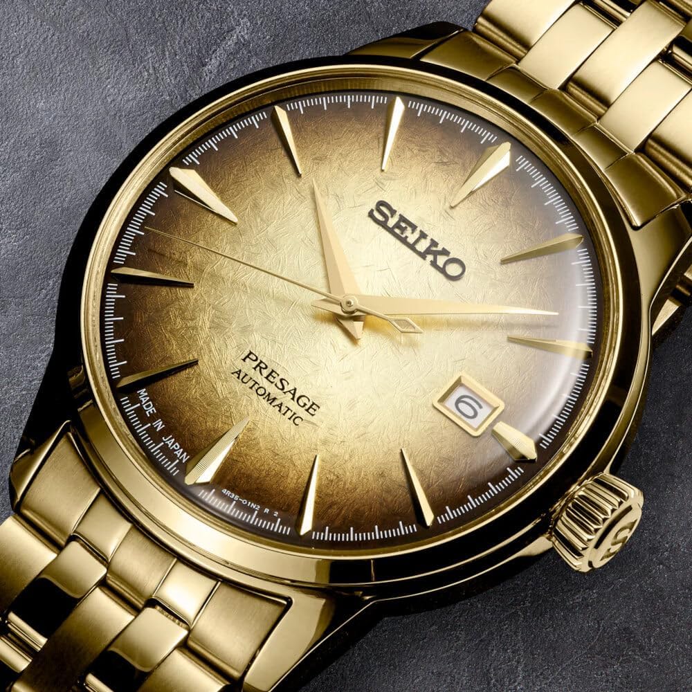 HOTSEIKO Automatic Watch for Men - Presage Cocktail Time - Patterned Dial | Gloss Finish, Date Calendar, Stainless Steel, Water-Resistant 50M, 41-Hour Reserve Power, See-Through Caseback