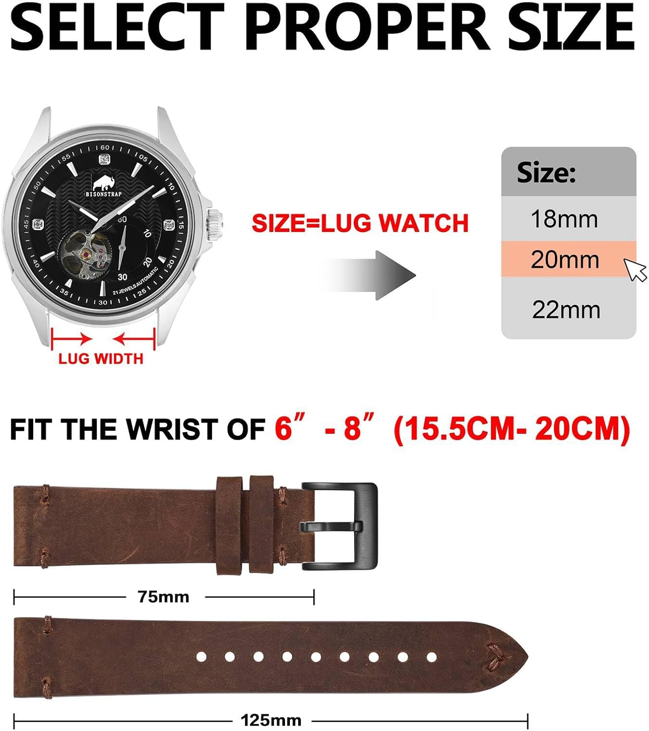 HOTBISONSTRAP Distressed Leather Watch Strap, Watch Replacement Bands for Men, Quick Release Spring Bars, Band Width 18mm 19mm 20mm 22mm 24mm