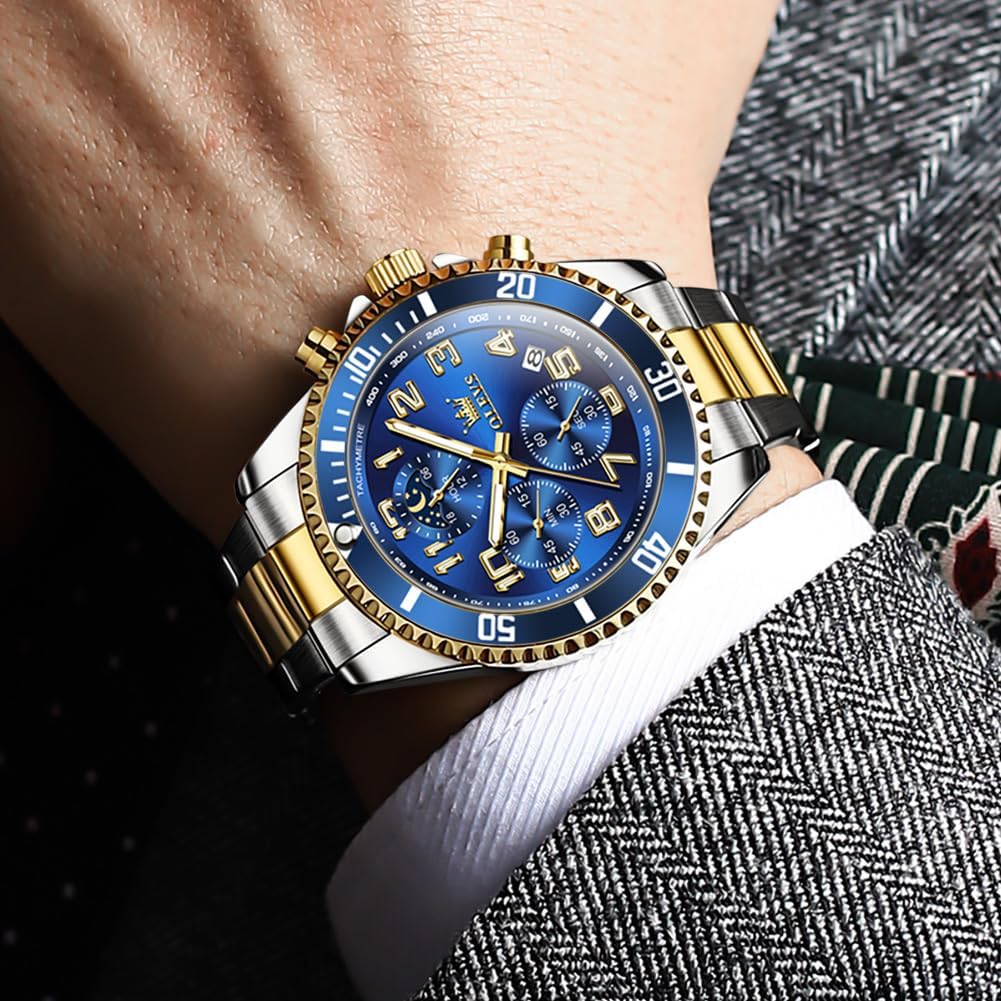 HOTOLEVS Mens Watches Chronograph Luxury Dress Moon Phase Two Tone Stainless Steel Waterproof Luminous Business Calendar Wrist Watch