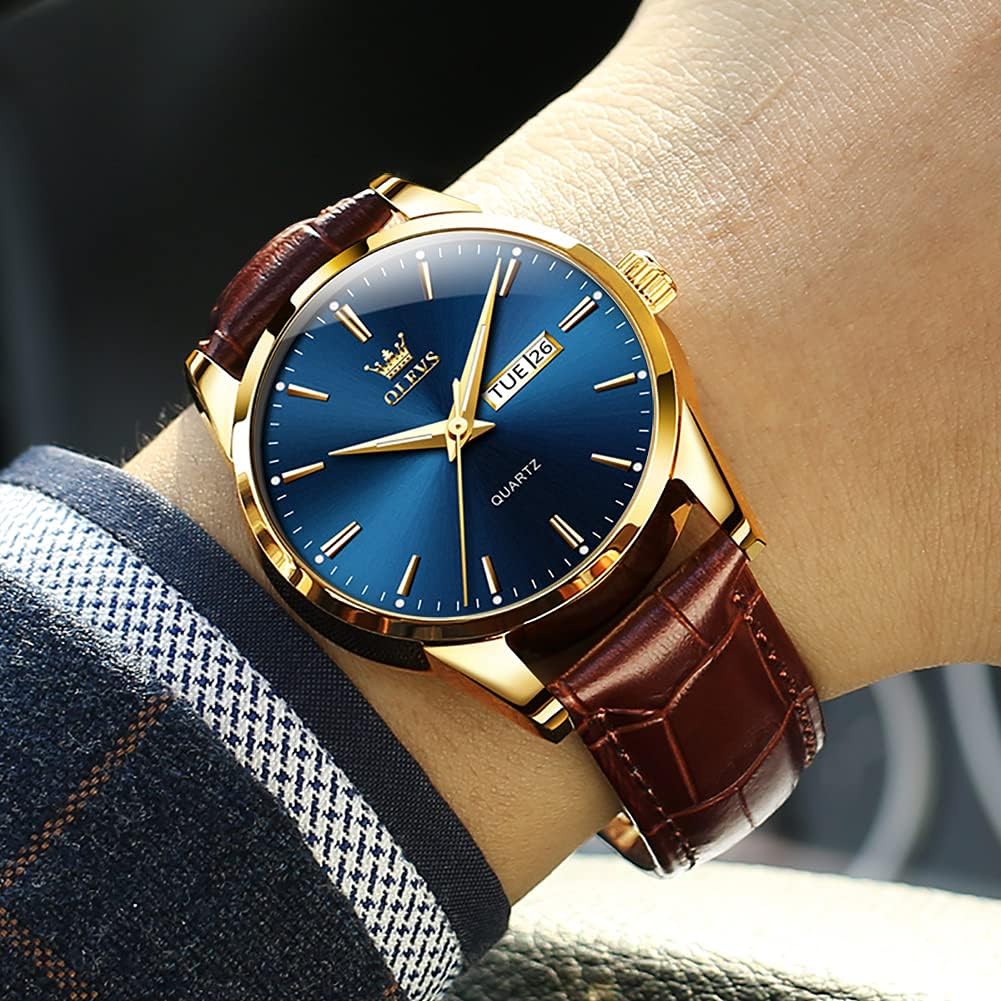 HOTOLEVS Mens Watch Brown Leather Band Dress Watch for Men Quartz Waterproof Men's Wrist Watch 38MM Gold Case Easy to Read Day Date Business Casual Men Watches Gifts for Him Relojes para Hombres