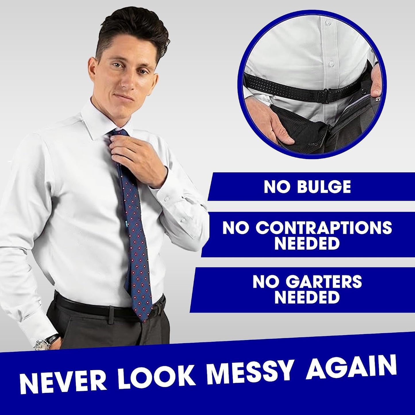 HOTBELTAWAY Tuck N Stay Shirt Stays for Men, Designed to Keep Shirt Tucked All Day, Extra Gripping Elastic Belt, Durable & Discreet, Perfect for Work & Casual Wear, One Size, Designed in USA
