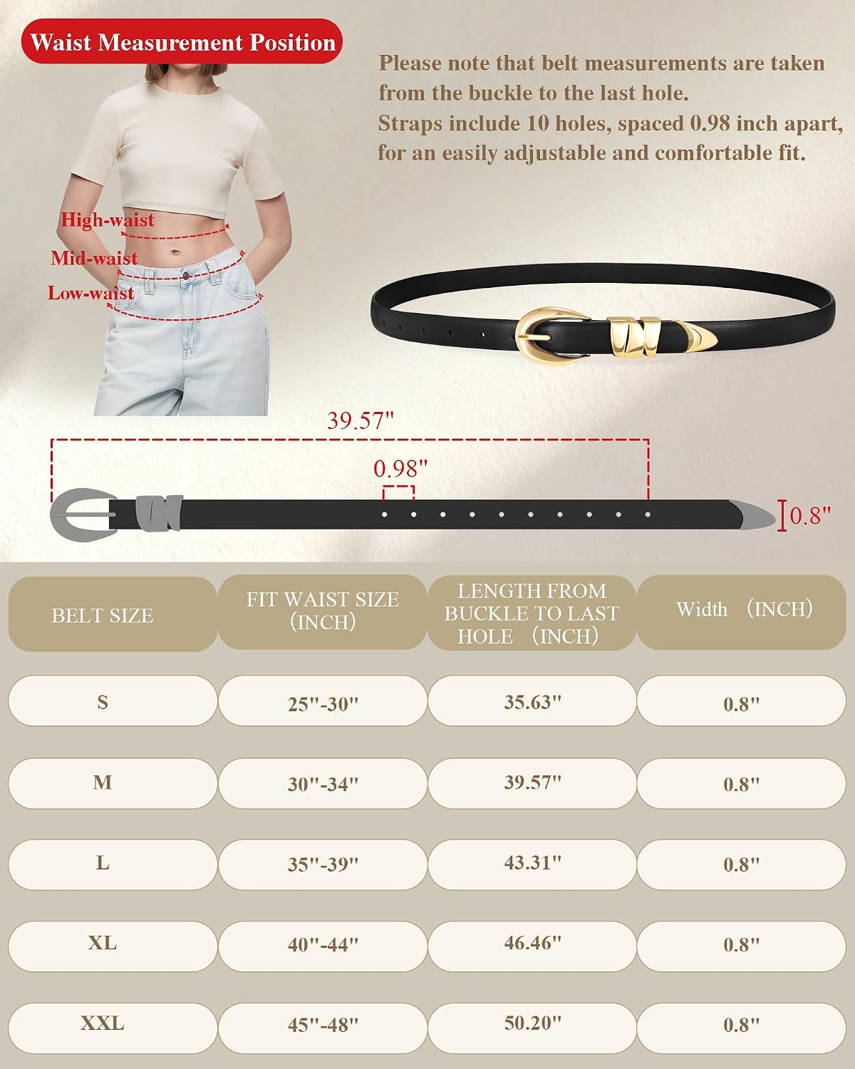 HOTXZQTIVE Women's Skinny Leather Belts Ladies Thin Waist Belts for Jeans Dress Pants Trendy Black Belt with Gold Buckle