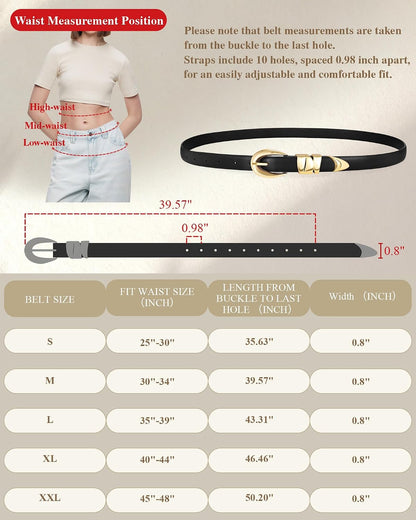 HOTXZQTIVE Women's Skinny Leather Belts Ladies Thin Waist Belts for Jeans Dress Pants Trendy Black Belt with Gold Buckle