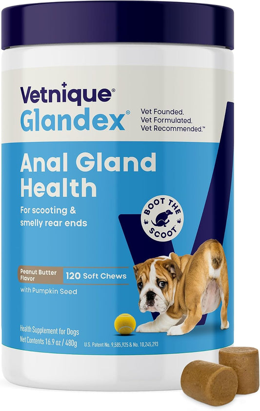 HOTVetnique Glandex for Dogs Anal Gland Chews 120ct, Pumpkin/Digestive Enzymes | Anal Gland Dog Treats, Boot the Scoot + Fishy Odor Support, Fiber, Probiotics, Quercetin + Apple Pectin, Peanut Butter