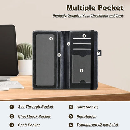 HOTCheckbook Cover for Personal Checkbook Leather Check Book Covers for Women Men with RFID Blocking Multi Card Slots Lightweight Compact Wallet, Retro Music Note
