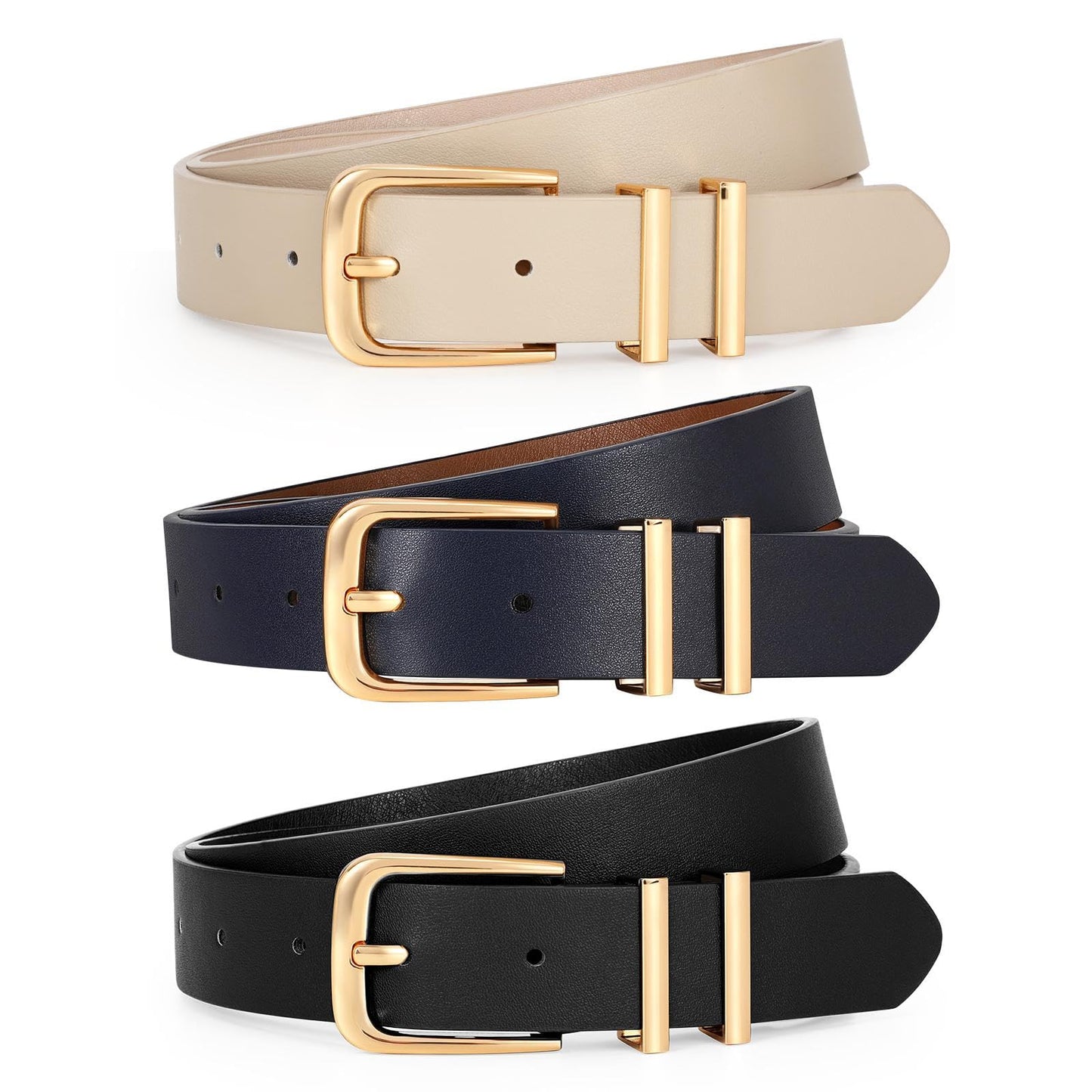 HOTLEACOOLKEY 3 Pack Women's Leather Belts for Jeans Dress Pants Fashion Ladies Leather Belts with Gold Buckle