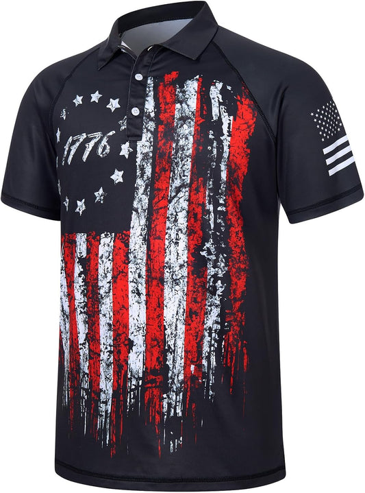 HOTRAISEVERN Mens American Flag Print Golf Polo Shirt Patriotic Raglan Sleeve Tees